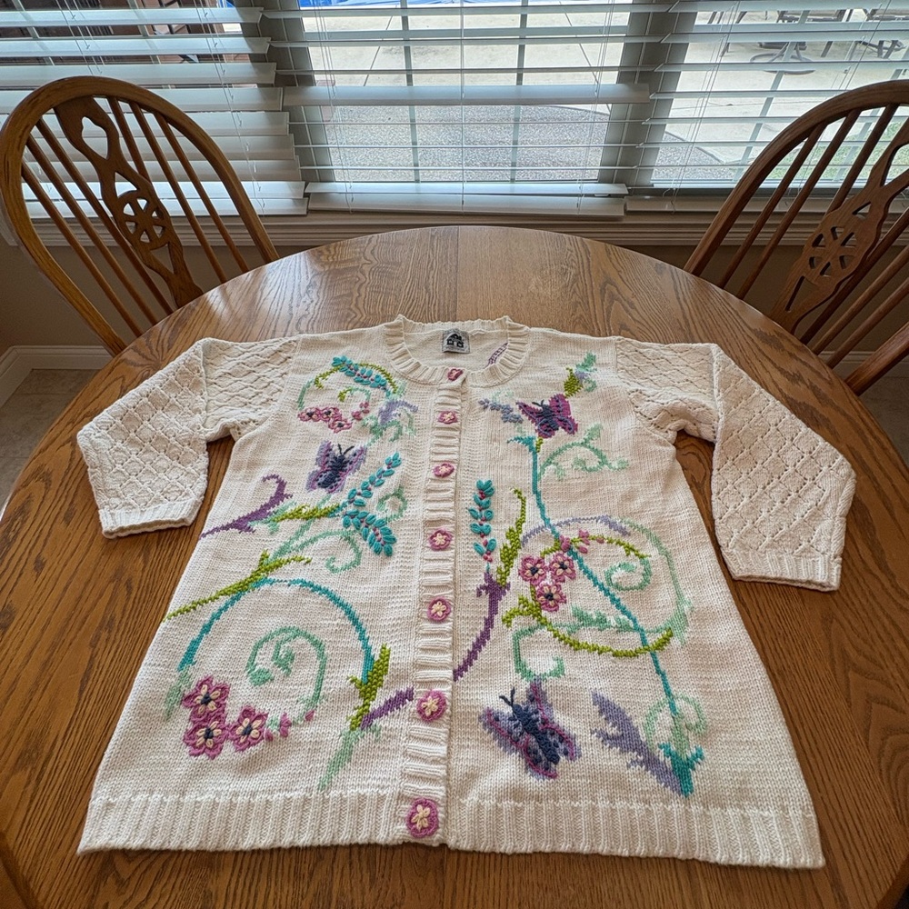 Storybook Knits Vintage Floral Butterfly Cardigan Crewel Embroidery Butterfly L - Picture 4 of 6